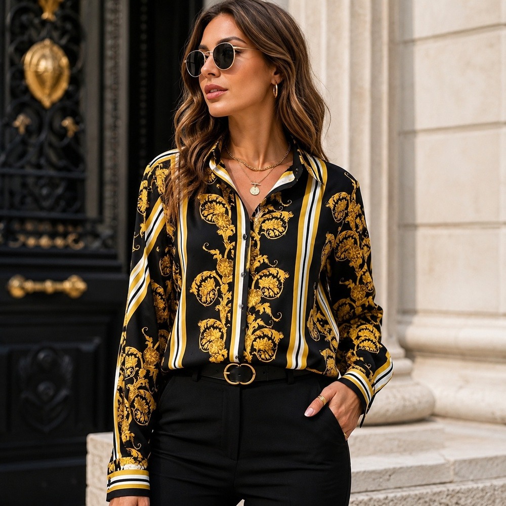 Zara Women Black Gold Baroque Scroll Stripe Regular Fit‎ Button Up Shirt Small